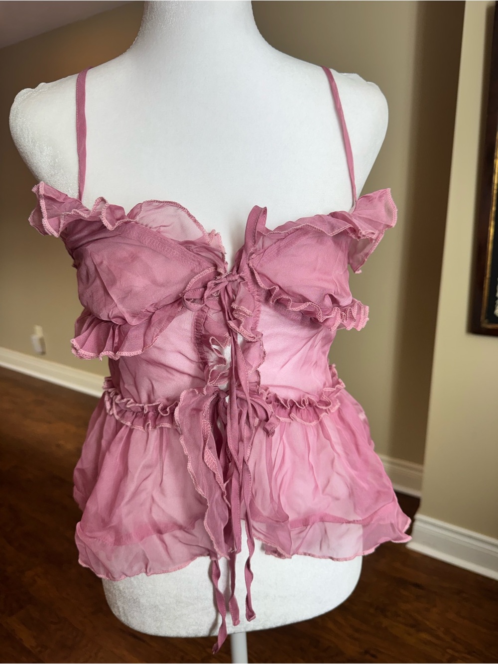 Shein Y2K dusty pink ruffle chiffon tie front cami top
